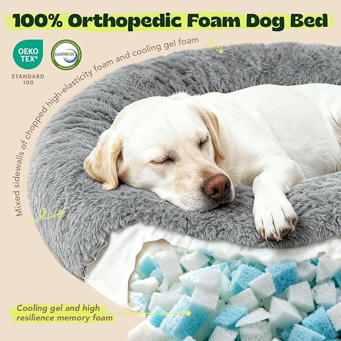 Calming Round Jumbo Pet Bed Removable Washable Cover,XXXL Waterproof Orthopedic Foam Dog Beds for Extra Large Dogs with Cooling Gel Big Cuddle Sofa to Care Old Fluffy Friends Arthritis,Grey