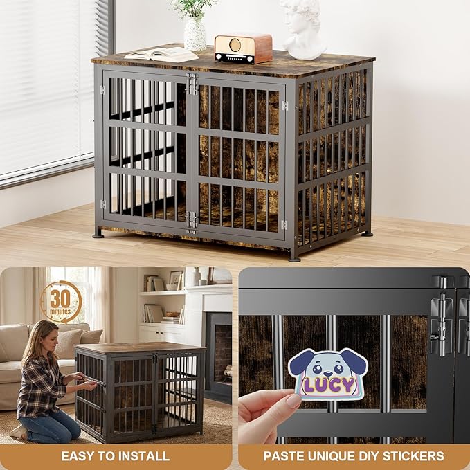42" Furniture Style Large Dog Crate with Wheels, Metal Chew-Resistant Dog Kennel Indoor for Large & Medium Dogs, 41.9" W x 28.3" D x 31.7" H, Decorate House as TV Stand, End Table — Rustic Brown