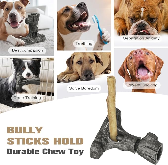 Ansoniser 2-in-1 Bully Stick Holder & Chew Toy - Tree Stump Design Prevents Choking, Keeps Dogs Busy with Mental Stimulation, for All Breed Sizes, Easy to Clean