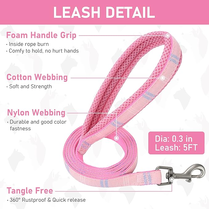 GAMUDA Small Dog Harness Collar and Leash Set, Step in No Chock No Pull Soft Mesh Adjustable Dog Vest Harnesses Plaid Reflective for Dogs Puppy Cats Kitten Rabbit (Pink, XXS)