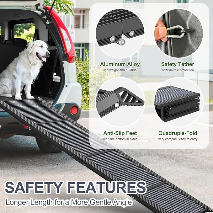 Dog Ramp for Car 71" Extra Long & 17.2" Wide Folding Dog Ramps for Large Dogs with Non-Slip Rug Surface Portable Dog Car Ramp for SUV Car & Truck, Outdoor Dog Ramp Up to 270 LBS