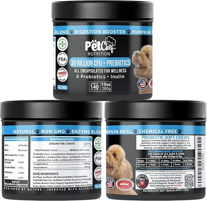 Pet Chef Probiotics for Dogs with Prebiotics & Enzymes 140 Naturally Healthy Soft Chews for Digestion Gut & Skin Health Puppy-Friendly Improves Poop Stops IBS Low Calorie No Fillers