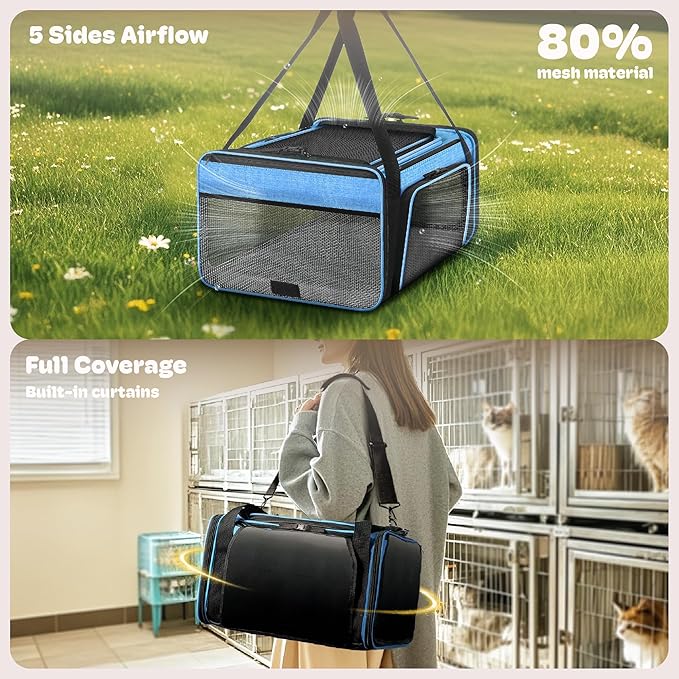 Top and 2 Sides Expandable Large Cat Carrier 18x13.5x9.5, TSA Airline Approved Dog Carriers for Large Dogs, Soft-Sided Pet Carrier with Self-Locking Zippers for Kitten,Rabbit, Puppy, Guinea Pig Blue