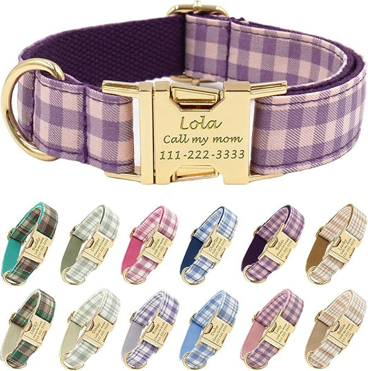 PETDURO Personalized Dog Collar Purple Gingham Plaid for Large Medium Dogs | Engraved Name and Phone Number on Gold Metal Buckle for Girls | Add Leash & Bow Tie via Customize Now