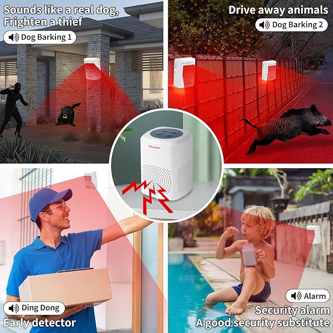 S SELDORAUK Motion Sensor Doorbell, Dog Barking Alarm Guard Wireless Infrared Detect Alert Door Chime for Home Security Entry Repelling Wildlife Rang 1000ft 110dB 4 Volume Level (1Receiver+1Detector)