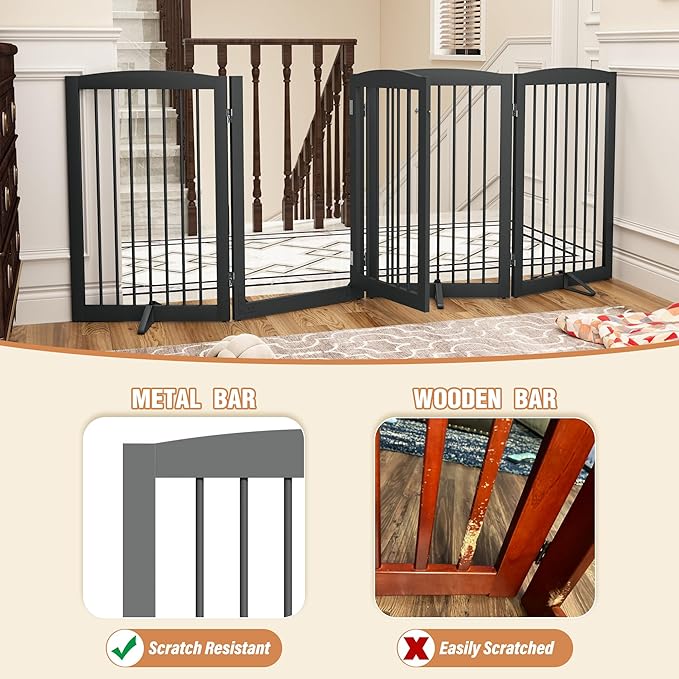 Freestanding Dog Gates with Door Walk Through, Pet Gate for Stairs, 80 inch Wide Gates Indoor, Dog Fences Indoor, Support Feet Included, 4 Panels, 32" Tall, Grey