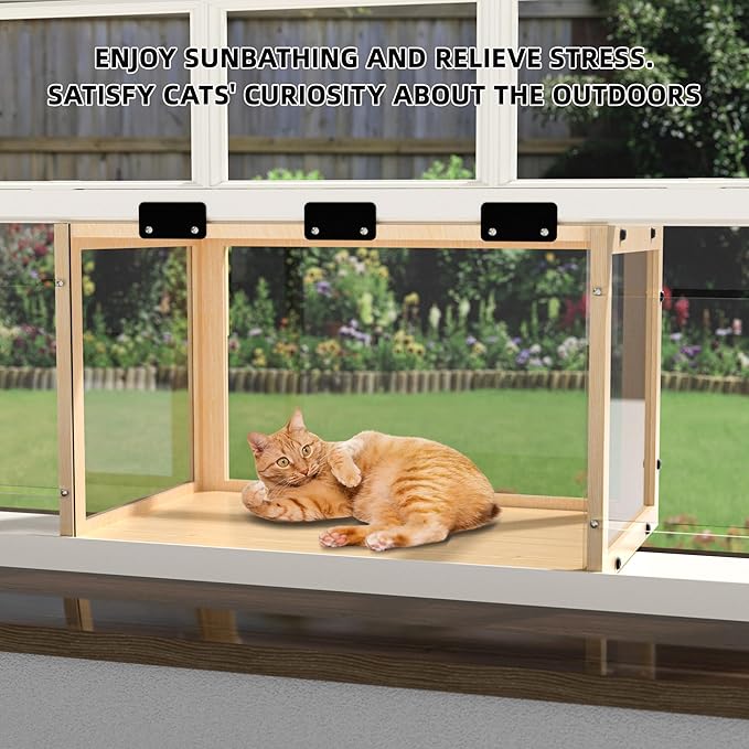 Window Cat Perch Catio, Wood Cat Window Box, Window Catio for Indoor Cats. Suitable Single Hanging Window with an Inner Diameter of The Window Frame with A Net Opening Width of 24-35 in. KGCCIZI.