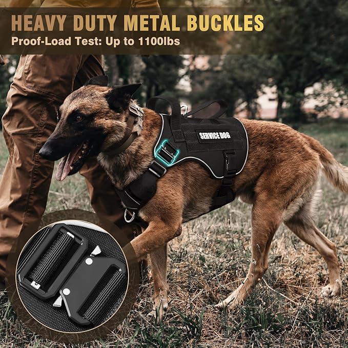 WINSEE Tactical Dog Harness for Medium Dog, Heavy Duty Service Working MOLLE Vest with 10 Pet Patches, 2X Metal Buckle Vest for Training Hunting Walking
