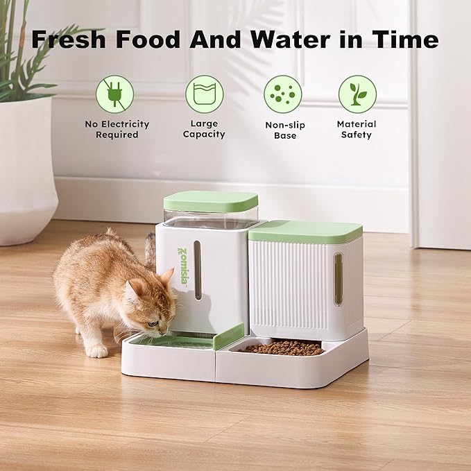 Gravity Cat Feeder and Water Dispenser, 2 in 1 Cat Self Feeder with 180 Degree Rotatable, Automatic Feeding Large Capacity for Small Medium Dog Puppy Kitten, White & Green, 0.8 Gallon x 2