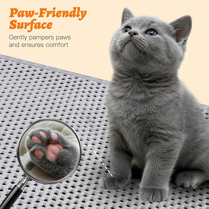 Cat Litter Box Mat for Small Cats, Double Layer Honeycomb Cat Litter Trapping Mats, Waterproof Urine Proof Non-Slip Litter Pad for Indoor Kitty Cat Litter Rug, Easy to Clean Grey (23.6'' x 14.9'')