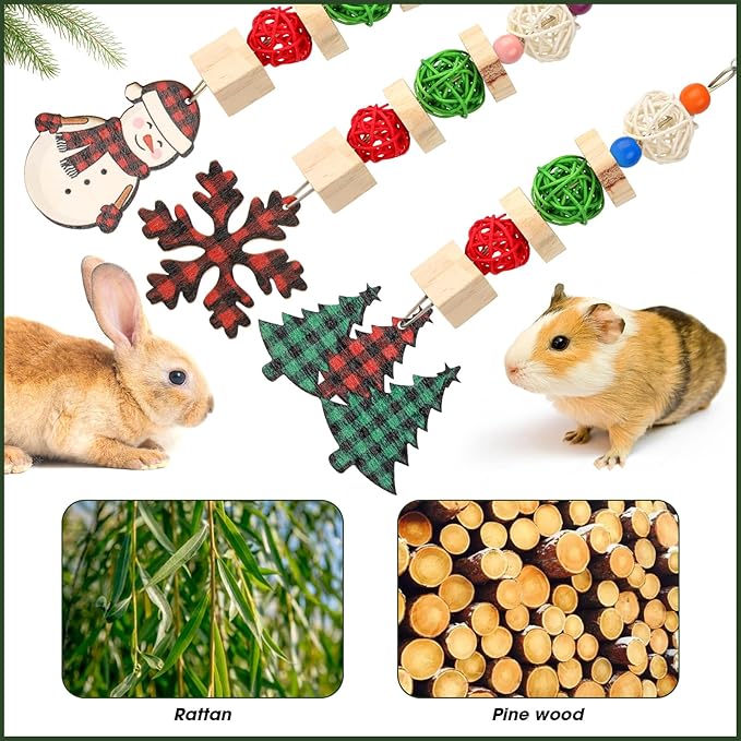 Christmas Bunny Chew Toys, Natural Guinea Pig Toys,3pcs Perfect Chews Hanging Wood Toy for Pet Rabbits Chinchillas Hamsters and Other Small Animals Teeth Grinding