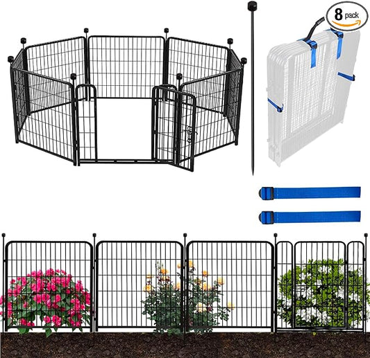ADAVIN 32 in(H) Garden Fence with Low Threshold Gate, 8 Panels Total 17.7 Ft(L) Tall Garden Fencing for Raised Beds, Outdoor or Indoor Dog Playpen, Black Iron Metal Heavy Duty Dog Fencing