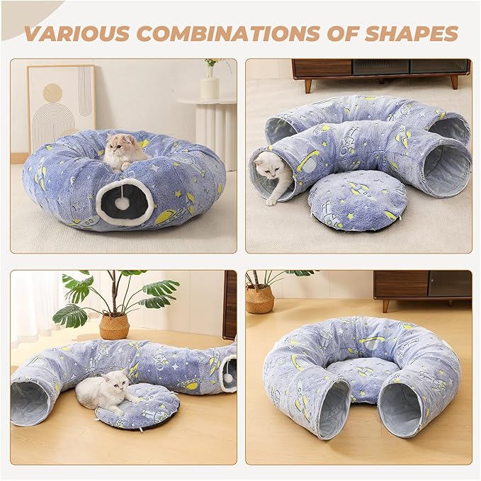 Under Christmas Tree Large Cat Tunnels Bed Tube for Indoor Cats Glows in The Dark Cat Tunnel with Cushion and Plush Ball Toy Toys for Dog Puppy Kitten Rabbit Bunnies Ferret Pet Blue