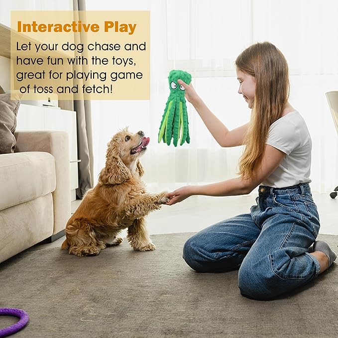 Dog Squeaky Toys Octopus - No Stuffing Crinkle Plush Dog Toys for Puppy Teething, Durable Interactive Dog Chew Toys for Small, Medium and Large Dogs Training and Reduce Boredom, 2 Pack