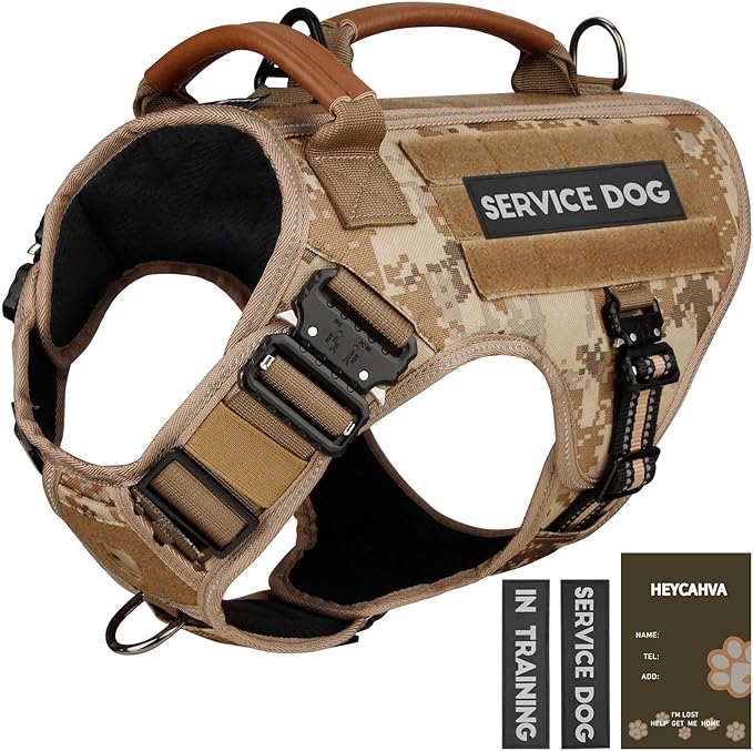 Service Dog Vest - HEYCAHVA Tactical Dog Harness Full Metal Buckles Dog Vest for Large Medium Dog Reflective No Pull Dog Harnesses with Leather Handle, Hook & Loop for Hiking Training (Desert Camo, L)