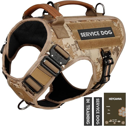 Service Dog Vest - HEYCAHVA Tactical Dog Harness Full Metal Buckles Dog Vest for Large Medium Dog Reflective No Pull Dog Harnesses with Leather Handle, Hook & Loop for Hiking Training (Desert Camo, L)