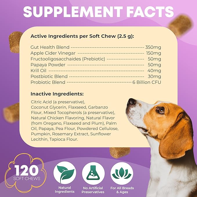 Dog Probiotics for Digestive Health - 120 Dog Chews - Probiotics for Dogs - Dog Probiotics for Yeast, Itchy Skin and Itchy Ears, Yeast Infection Treatment for Dogs - Flora Balance, Immune Support