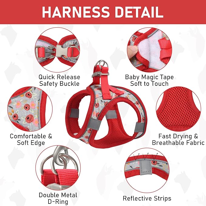 GAMUDA Small Dog Harness Collar and Leash Set, Step in No Chock No Pull Soft Mesh Adjustable Dog Vest Harnesses Plaid Reflective for Dogs Puppy Cats Kitten Rabbit (Red Flower, XXS)