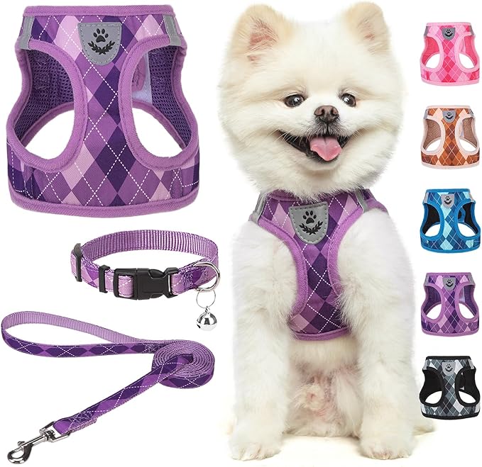 SCENEREAL Small Dog Harness and Leash Collar Set, Step in No Pull Soft Mesh Dog Harnesses for Small Medium Sized Dogs Puppy and Cats Outdoor Walking, No Chock Reflective Vest Harness, Purple Plaid XS