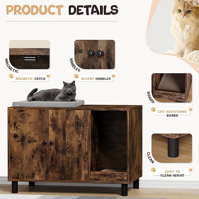 WARCAT Cat Litter Box Enclosure, Modern Hidden Litter Box Enclosure Furniture, Hidden Washroom with Scratch Pad, Barn Door Design, Indoor Cat House & End Table (Rustic Brown)