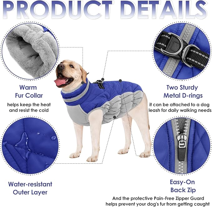 AOFITEE Dog Coat, Warm Dog Winter Coat, Reflective Turtleneck Large Dogs Jacket with Harness Built in, Turtleneck Pet Winter Jacket, Waterproof Pet Snow Jackets Fleece Vest, Blue XL