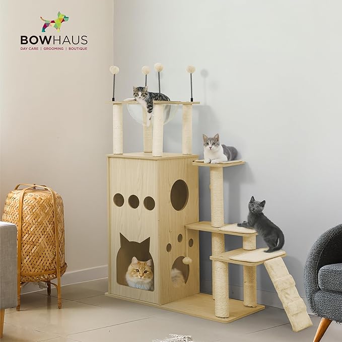 53” Wooden Cat Tree Tower for Indoor Large Cats & Kittens, Modern Tall Cat Climbing Tree w/Cave Condo, Scratching Posts, Space Capsule, Multi-Level Cat Tower w/Interactive Toy & Washable Pad