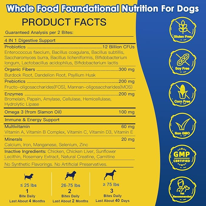 Probiotics for Dogs - Dog Probiotics for Digestive Health, Prebiotics, Enzymes, Fiber, and Omega-3 with Vitamins to Promote Intestinal Health, Support Immunity, Allergies & Itchy Skin, 120 Bites