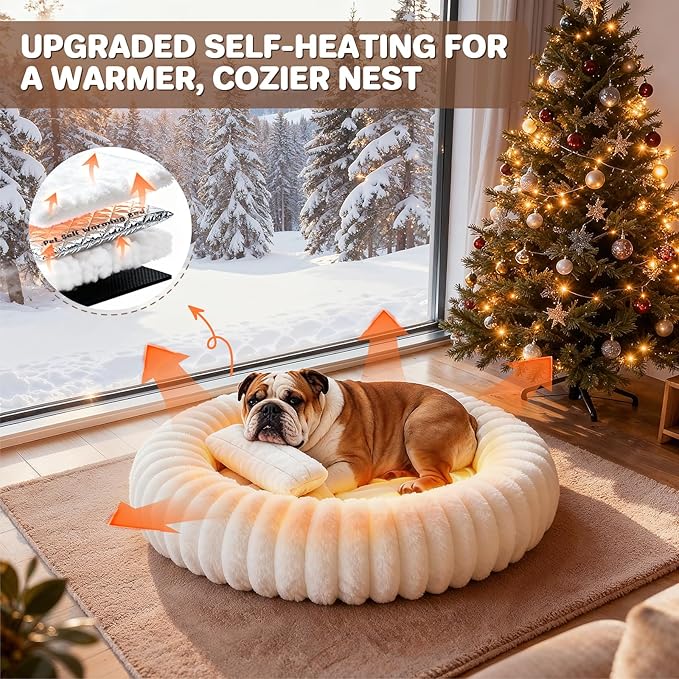 Self Warming Pet Bed, Donut Dog Bed for Small & Medium Dogs, Self-Heating Pet Bed with Non-Slip Bottom, Winter Comfort Dog Beds for Puppies, Washable & Portable Egg Tart Shape (M)