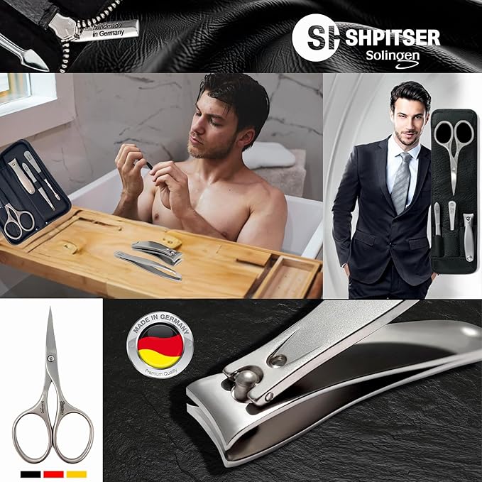 Shpitser Manicure and Pedicure Set of 4 Surgical Stainless Steel Instruments, Made in Solingen, Germany, Luxury Topinox Grooming Kit In Full Grain Nappa Leather Case (Black)