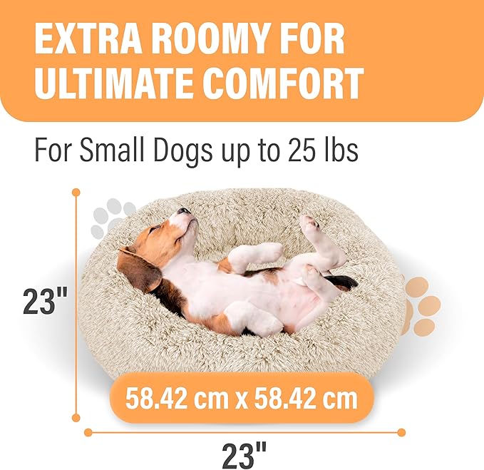 Active Pets Premium Small Donut Dog Bed, Fits Up to 45 lbs, Removable Cover & Washable Cushion, Plush Long Pile Faux Fur Fabric, Portable Beige Pet Bed Furniture for Puppies Adult Canines & Cats