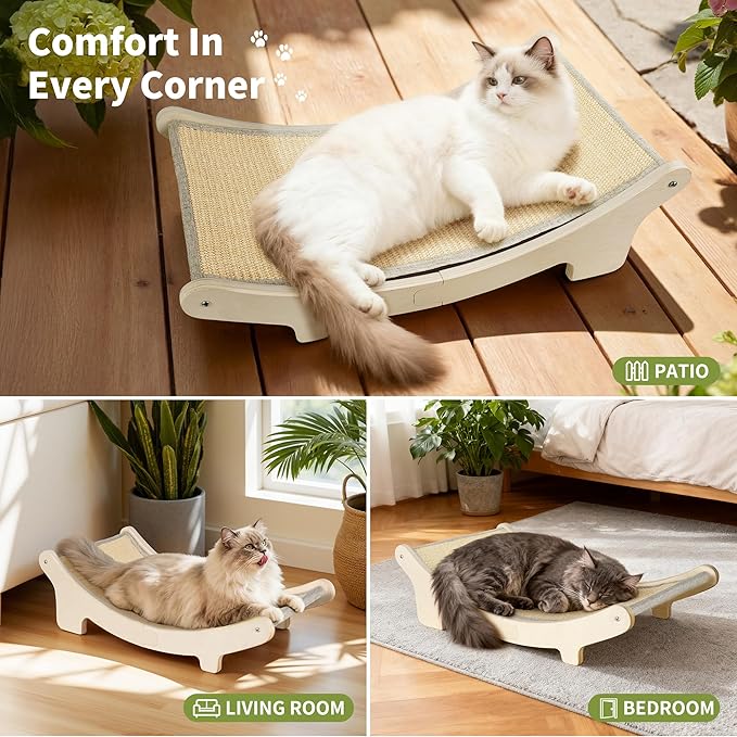 HOTEAGLE Sisal Cat Scratcher Pad Indoor -Natural Cat Hammock for Scratching and Lounging, Durable Wooden Cat Bed Ideal for Large/Small Cats