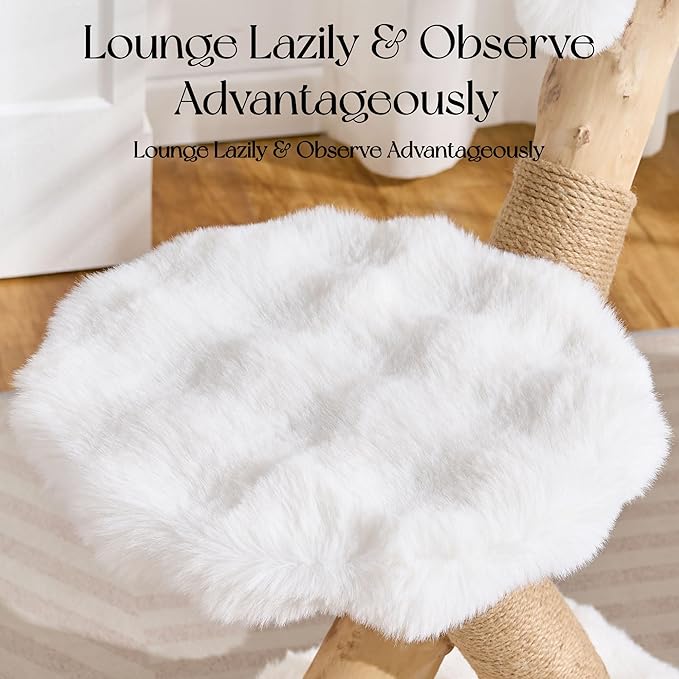 Solid Wood Cat Tree, Modern Cat Tree Tower for Large Indoor Cats, Natural Real Pear Wooden Aesthetic Cat Condo with Scratching Post for Adult Kittens-White