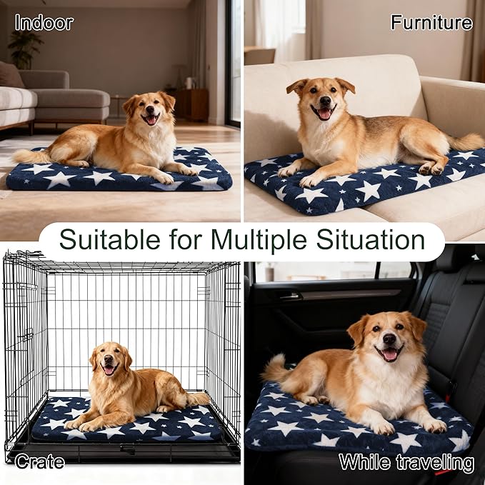 Washable Dog Bed Plush Orthopedic Outdoor Crate Mat with Non-Slip Bottom,Luxe Soft Kennel Pad for Pets, Cozy Cage Cushion & Pet Sleeping Mattress Large Sized,Medium,Small Dogs,36 x 24 inch,Blue