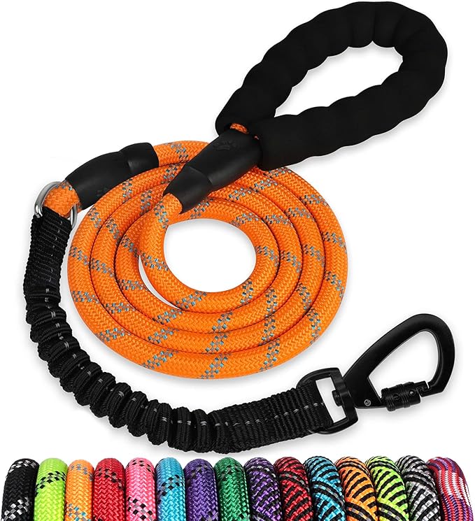 Rope Dog Leash 3 FT: Heavy Duty Leashes with Swivel Lockable Hook Reflective Threads Bungee and Padded Handle - Dog Lead for Large Small Medium Dogs Outside Walking Hiking Orange