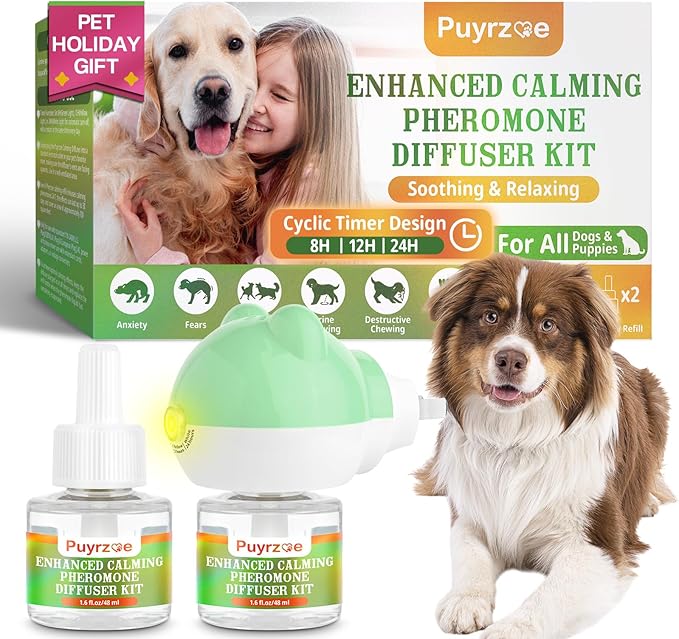 Dog Calming Diffuser with Timing Functions, 3-in-1 Dog Anxiety Relief Diffuser Kit, 120-Day Anxiety Relief, Stress Relaxation Pheromones Calming for All Dogs (1 Diffusers + 2 Refills)