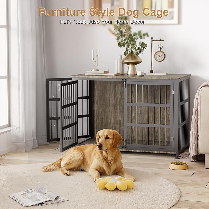 46" Dog Crate Furniture with Wheels, XXL Heavy Duty Dog Kennel Indoor for XL Dogs, Metal Chew-Proof Dog Cage, 45.9" L x 27.6" W x 32.4" H, Decorate House as TV Stand, End Table — Grey