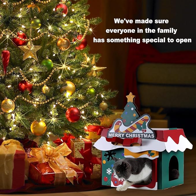 Cardboard Cat House with Scratcher – Christmas Cottage Design, 19''L x 17''W x 22''H, Festive Indoor Cat Playhouse & Hideout for Cats up to 22 lbs, Corrugated Scratch Pad & Holiday Home Décor