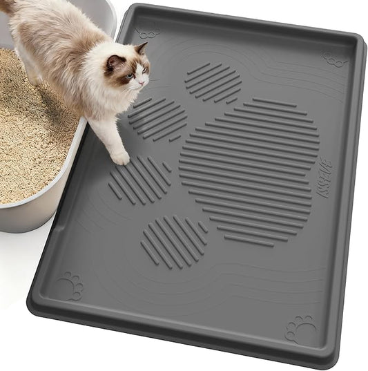 ISSEVE Cat Litter Mat 40" x 28" XL, Extra Large Silicone Mat for Litter Box, 1.38" Raised Edge Urine Proof Litter Trapping Mat Pad for Scatter Control, Soft on Kitty Paws, Protect Floor (Dark Grey)