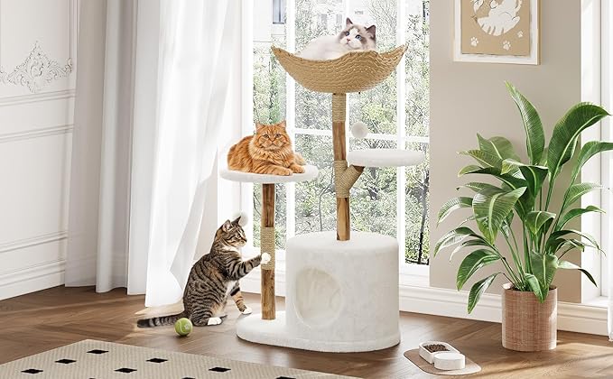 46" Large Modern Cat Tree, Wooden Cat Tower with Scratching Posts, Platforms, Spacious Wicker Basket, Pom Pom Balls and Wood Branch, Luxury Condo for Kittens