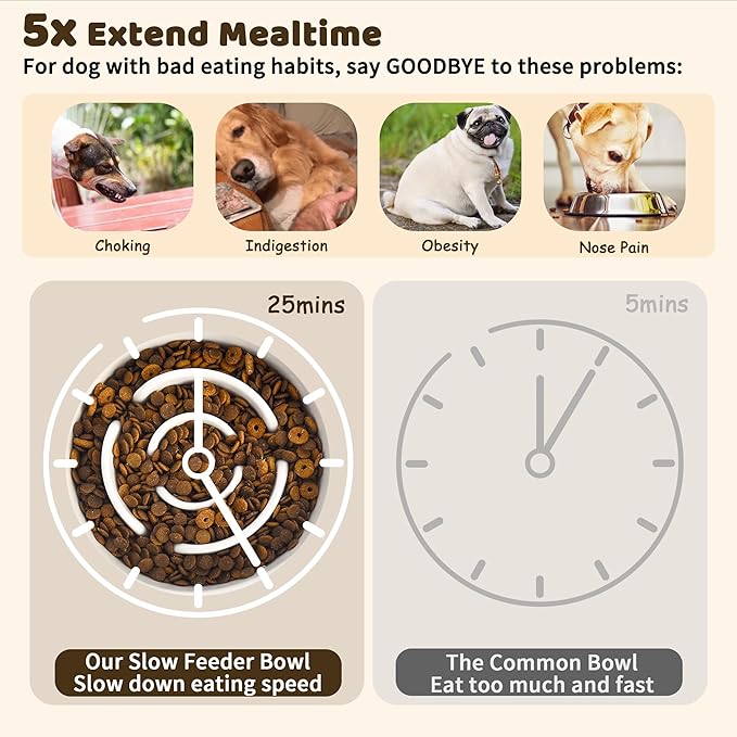 Elevated Slow Feeder Dog Bowl - Ceramic Food Dish with Bamboo Stand - Raised Maze Design - Ideal for Medium to Large Dogs - Milky White - 8.4 inch