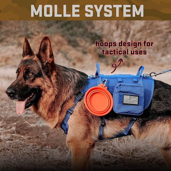 Forestpaw Tactical Dog Harness for Large Dogs,Tactical Dog Collar with Bungee Leash Set,No Pull Military Dog Harness for Walking Training,Adjustable for Medium Large Dogs,Blue,Chest 19.5-41.5"