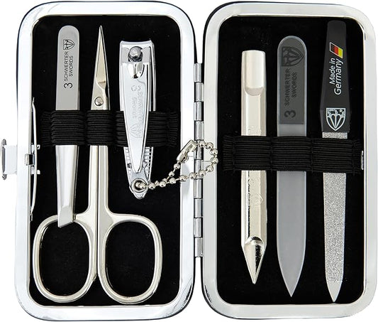 3 Swords Germany - Brand Quality 6 Piece Manicure Pedicure Grooming kit Set - Scissors, Metal and Glass Nail File, Clipper, Tweezers with Synthetic Leather case - Brown