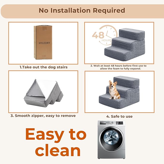 HYLEORY Dog Stairs for Bed 13.5''H, 3-Step Pet Stairs for Small Dogs & Cats, Sturdy Pet Steps with Non-Slip Bottom, Functional Portable Dog Ramp for Couch/Chair/Sofa/Car, with Storage Pocket, Grey