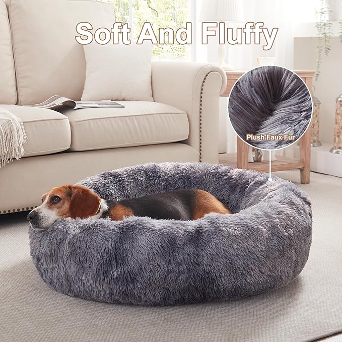 33 inches Donut Dog Bed for Medium Dogs,Calming Fluffy Round Pet Bed with Removable & Washable Cover,Fits up to 65 lbs Pets(Tie-dye Grey,M Plus)