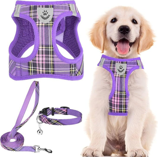 PUPTECK Adjustable Dog Harness Collar and Leash Set Step in No Pull Pet Harness for Small Medium Dogs Puppy and Cats Outdoor Walking Running, Soft Mesh Padded Reflective Vest Harnesses, Purple XS