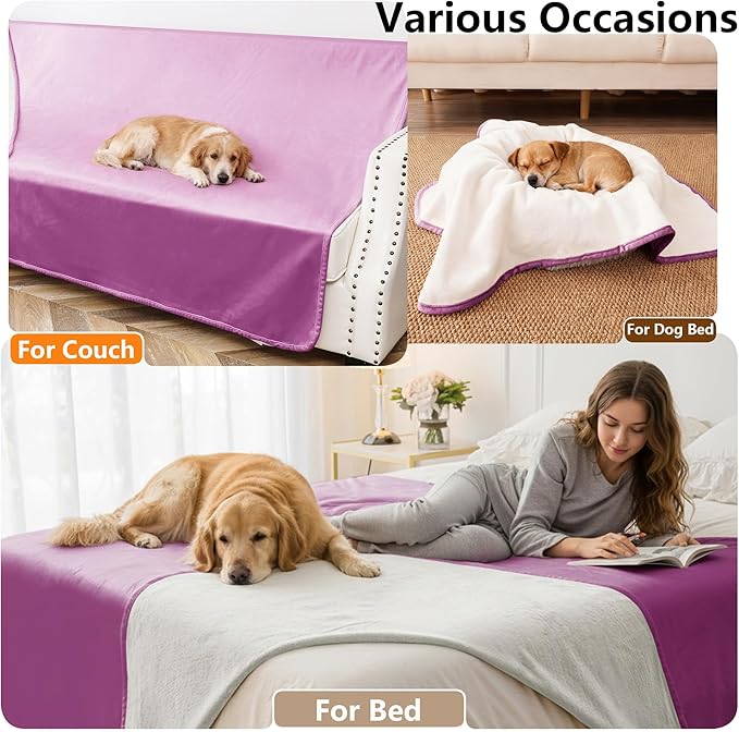 Waterproof Blanket for Couch, Leak Proof Dog Bed Blankets Reversible, Pet Throw Sofa Furniture Protector Machine Washable-68 x82,Purple+Cream