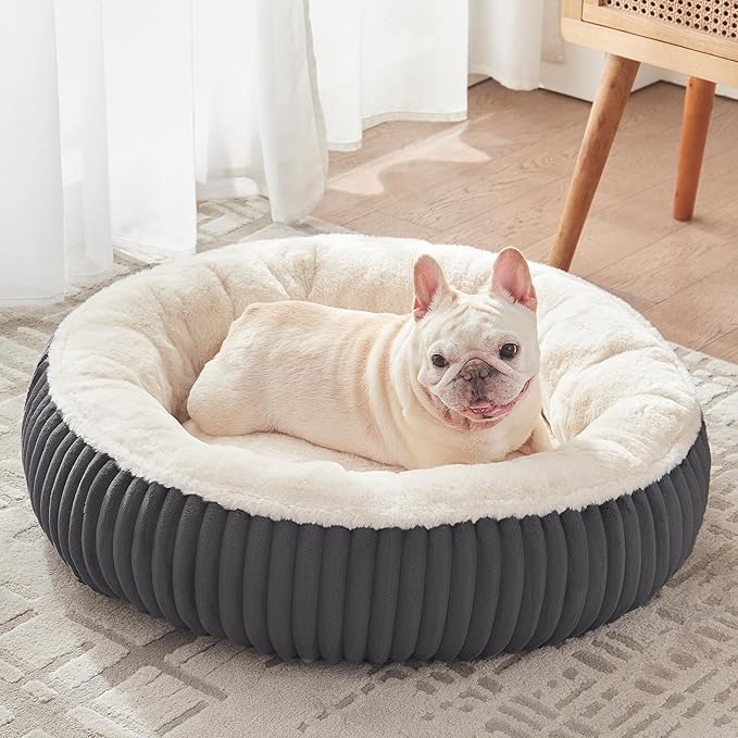 30 inches Donut Dog Bed for Medium Dogs,Calming Round Pet Bed with Removable Cover,Washable Milk Plush Faux Fur, Fits Pets up to 30 lbs(Dark Grey,Medium)