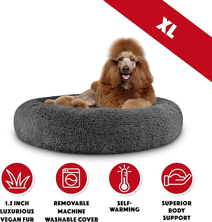 The Dog’s Bed Sound Sleep Donut Dog Bed, XL Dark Grey Fur Calming Nest Bed Removable Cover, Veterinary Approved