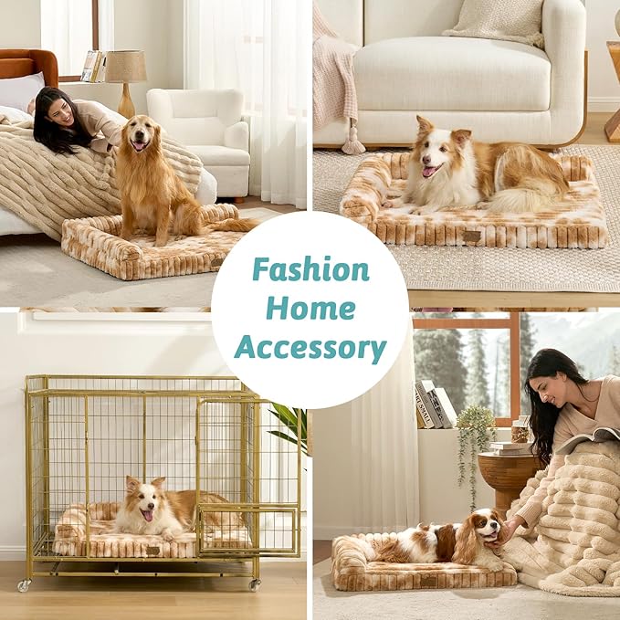 Cute Dog Bed, Faux Rabbit Fur Orthopedic Dog Bed with Sides, Removable Washable Cover & Waterproof Lining, Comfortable Pet Couch for Extra Large Dogs, Tie-Dye Brown (48" L x 35" W x 7.5" Th)