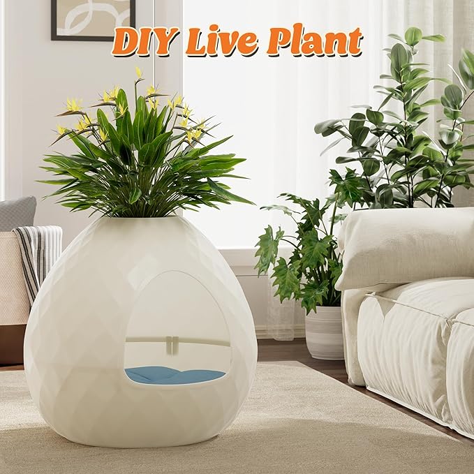 Egg-Shaped Hidden Cat Litter Box Enclosure, Secret Small Plant Litter Box Furniture with Two Interchangeable Top, Easy Assembly, for Living Room Corner White